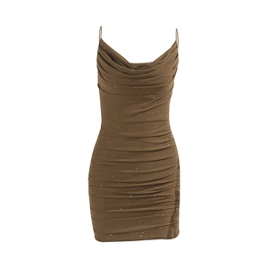 Brown sparkly ruched mini dress with cowl neck and spaghetti straps for party wear