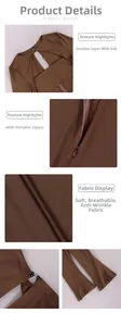 Dettaglio dell'abito a trapezio color caffè con scollo cut-out e morbido tessuto in seta di latte