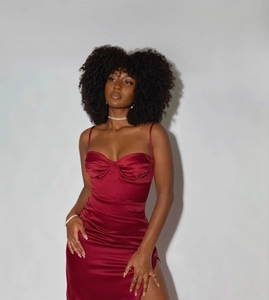 Detail of burgundy satin dress showing the cowl neckline and thin shoulder straps