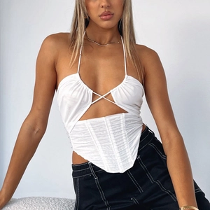 Women Sexy Halter Neck Crop Top Ruched Mesh Corset Tank Top With Fishbone Backless Cutout Slim Fit Streetwear Party Vest