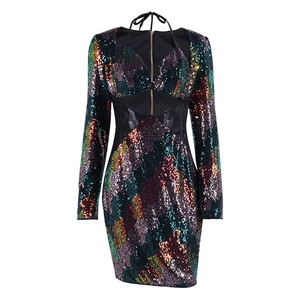 Robe mini à paillettes de Noël pour femme avec manches longues, découpe et empiècement résille
