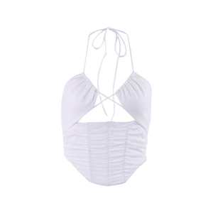 White halter neck crop top with ruched detailing and front cutout design