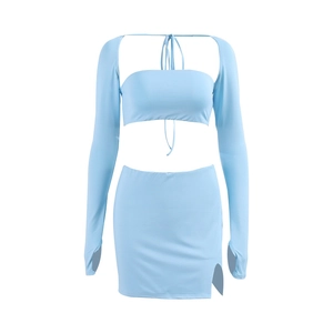 Three-piece light blue knit set with square neck tie crop top and mini bodycon skirt