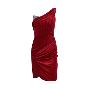 Elegant burgundy velvet one-shoulder evening dress with sequins and ruched slit hem detail