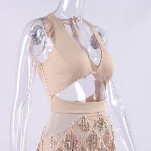 Vue détaillée des franges à paillettes et de la découpe à la taille de cette robe