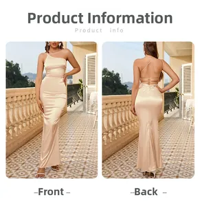 Champagne satin one-shoulder backless dress showing front and back view with fishtail hem