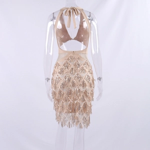 Détail de la robe licou champagne à paillettes et glands avec dos nu et laçage