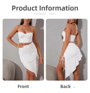 Front and back views of white two-piece set with halter top and ruched slit skirt