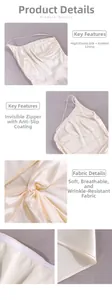 Detail of champagne satin dress showing invisible zipper and non-slip silicone tape