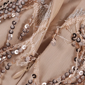 Détail de sequins argentés et broderie à franges avec fermeture éclair invisible sur robe