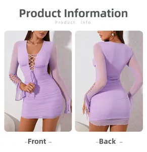 Dettagli fronte e retro di un abito in rete lavanda con lacci e dettagli traforati