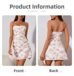 Front and back views of a floral tube dress featuring ruched waist and pink flower print