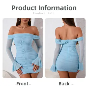 Front and back view of light blue mesh off-shoulder ruched mini dress with flared sleeves