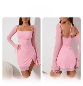 Front and back detail of pink mesh long sleeve dress with side slit and backless design