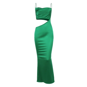 Elegant green satin midi dress with cowl neck, thin straps and waist cutout detail