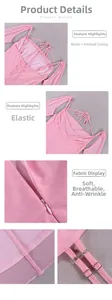 Detail of pink mesh dress featuring cowl neck, back lace-up design, and soft elastic fabric