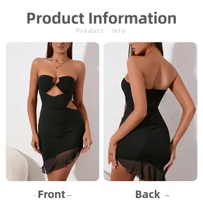 Detail of sexy black bodycon dress with metal ring cutout and ruffled mesh hem