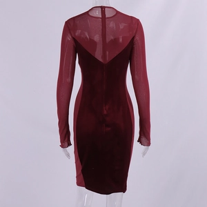 Detail der Rückseite aus Mesh und Samtspleiß am burgunderroten figurbetonten Kleid