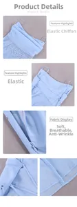 Détail de la robe en mousseline bleu clair avec fines bretelles et ornements strass