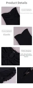 Detail view of black mesh dress featuring ruched chest design and metallic ring ornament