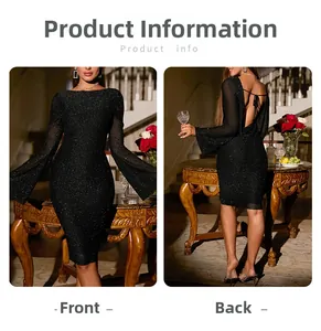 Detail view showing front and back of backless black sequin dress with bell sleeves
