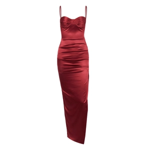 Sexy burgundy ruched satin maxi dress with sweetheart neckline and high side slit