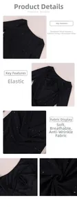 Detail of black mesh dress featuring silver sequins, high elasticity and soft texture