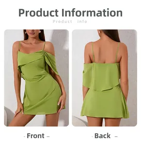 Front and back views of avocado green chiffon mini dress with thin straps and layered drape
