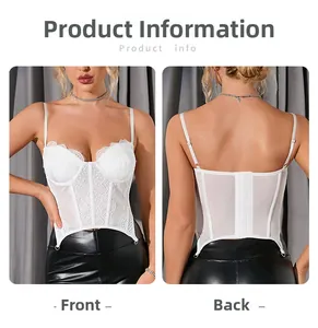 Dettagli fronte e retro del corsetto bianco in pizzo con stecche e chiusura a gancio