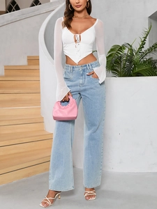 Schickes langärmliges Netz-Crop-Top mit Bindeband vorne, Trompetenärmeln und Rückenausschnitt
