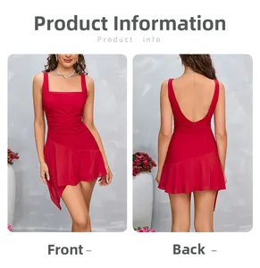 Front and back view of red square neck mini dress with ruffled hem and open back