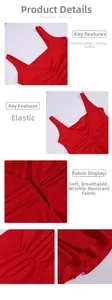 Detail of red square neck dress featuring side pleats and concealed back zipper