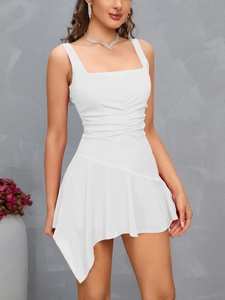 Detail of white sleeveless chiffon dress featuring square neck and pleated waist details