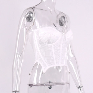 Dettagli del corsetto in pizzo floreale bianco con stecche e ganci per reggicalze