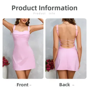 Abito sottoveste in raso rosa con scollo a cappuccio e dettaglio lacci incrociati sul retro