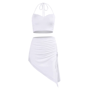 White two-piece halter neck set featuring cropped top and ruched drawstring mini skirt