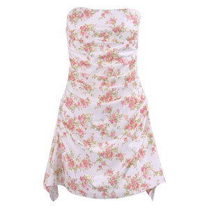 Floral print strapless dress with ruched bodice and irregular hem in summer white