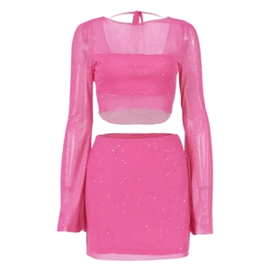 Glitzerndes rosa Mesh-Set aus langärmligem Neckholder-Oberteil und figurbetontem Rock