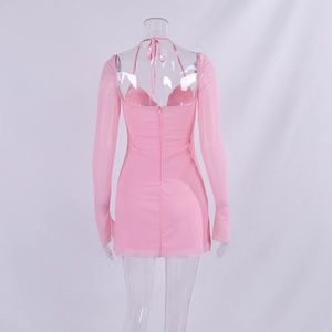 Detailed back view of pink mesh long sleeve dress with halter neck and zipper closure