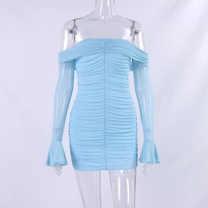 Detail of light blue off-shoulder ruched dress with elegant flared mesh sleeves
