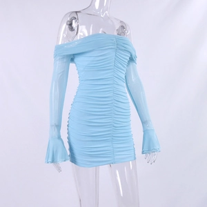 Detail of light blue off-shoulder ruched mesh dress with elegant flare bell sleeves