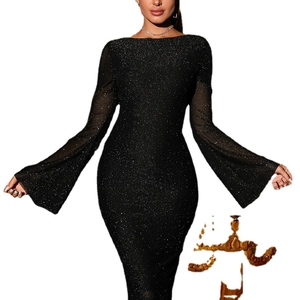 Elegant black sequin bodycon dress with flared sleeves and off-shoulder neckline