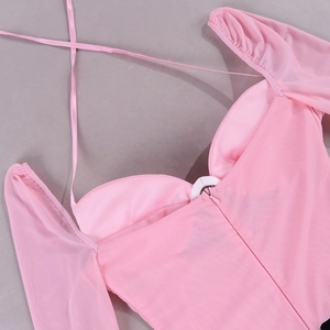 Detail of pink mesh long sleeve top featuring halter neck, built-in cups and back zipper
