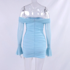 Detail view of back invisible zipper on ruched light blue off-shoulder mesh dress