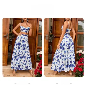 Front and back view of a summer floral two-piece set with crop top and maxi skirt