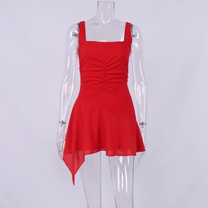 Detail of red ruched cotton chiffon dress featuring a square neck and asymmetrical hem