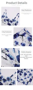 Detail of blue floral print fabric with adjustable straps and invisible zipper closure