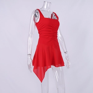 Detail of red square neck dress with ruched bodice and asymmetrical hemline design