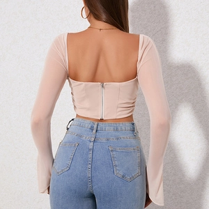 Sexy rückenfreies Mesh Langarm Crop Top in Hellrosa mit metallischem Reißverschluss