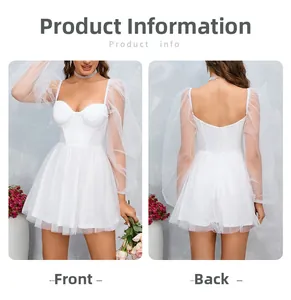 Front and back detail of white mesh mini dress with puff sleeves and cinched waistline
